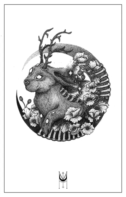 An antlered rabbit with a second small rabbit, flowers and a crescent in detailed black linework.