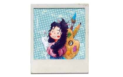A colourful illustrated character with a palette, paintbrush, pencil and small white companion.