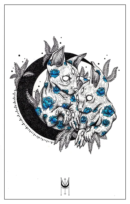 Two cats covered with blue flowers inside a black crescent, with fern-like leaves.