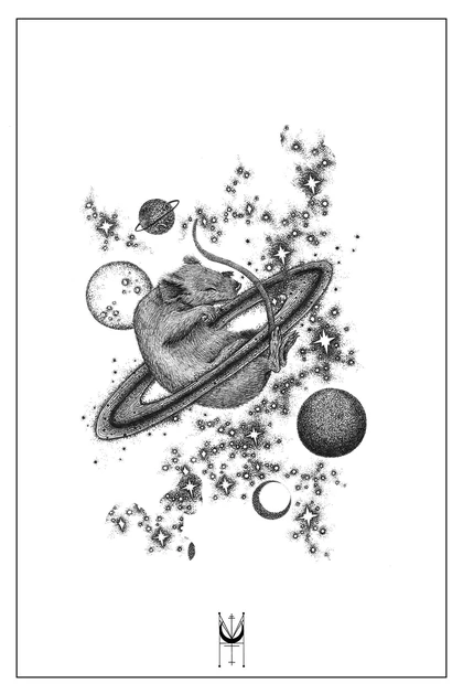 A sleeping rat curled through planetary rings among stippled stars and moons.