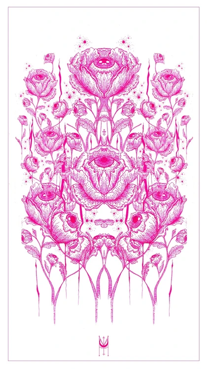 An elaborate pink composition of flowers with eyes, branching stems and fine line details.