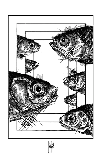 Black-and-white fish crossing the edges of multiple nested rectangular frames.