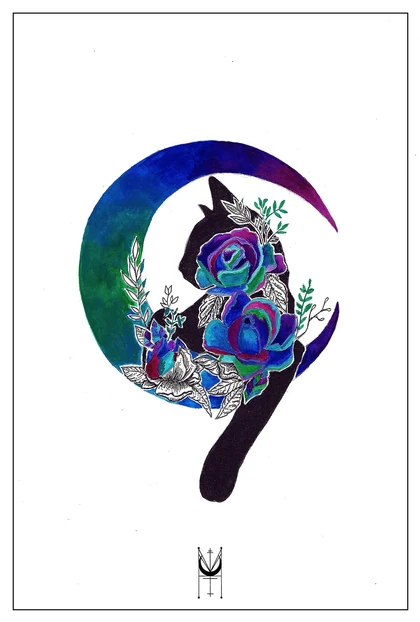 A dark cat silhouette surrounded by blue, purple and green flowers and a coloured crescent.