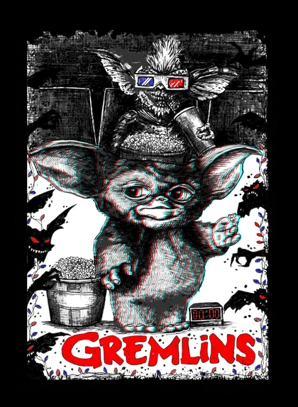 A Gremlins-themed illustration with cinema imagery, red and cyan accents and a red Gremlins wordmark.