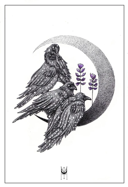 Three intricately drawn birds beside a stippled crescent and purple flowers.