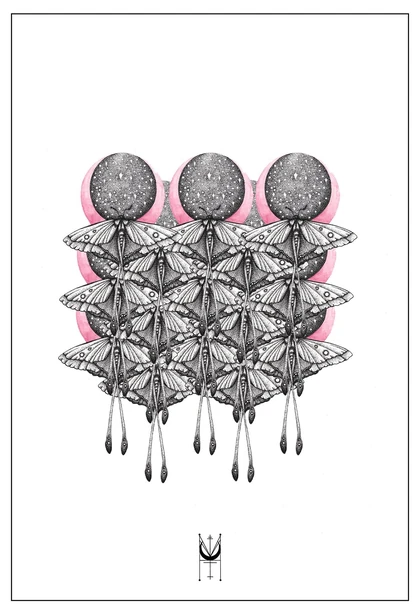 A layered pattern of long-tailed moths and moons with pink accents.