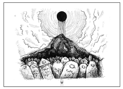 An imagined black-and-white landscape with a mountain, marked stones and a dark sun.