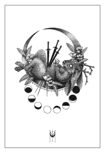 A surreal rabbit composition with three swords, flowers, a crescent and a sequence of moon phases.