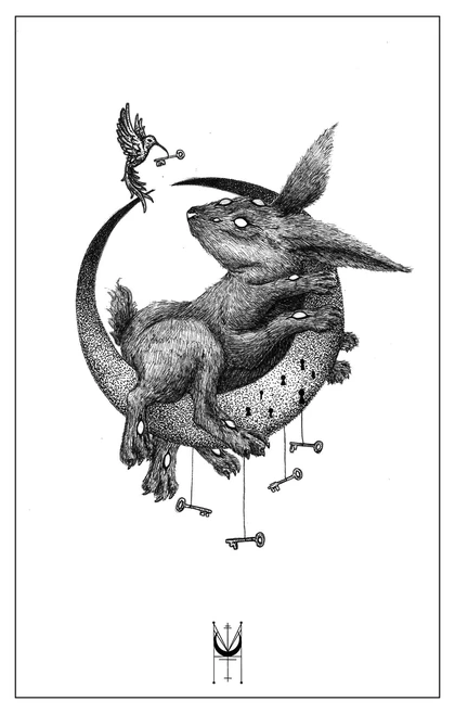 Three rabbits arranged inside a crescent with hanging keys and a small bird carrying a key.