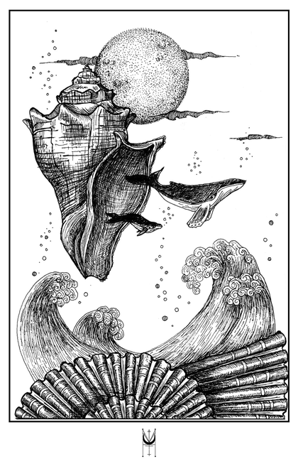 Two whales beside a large shell, waves and a moon in black-and-white linework.