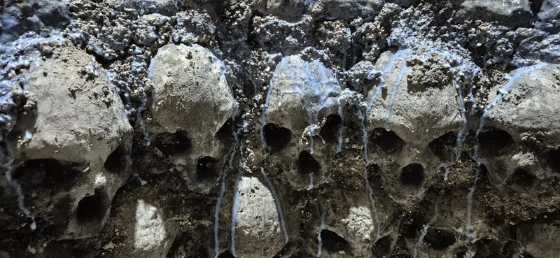 Close-up of skull-like relief forms set into a rough grey textured scenic surface, with pale blue-white streaks.